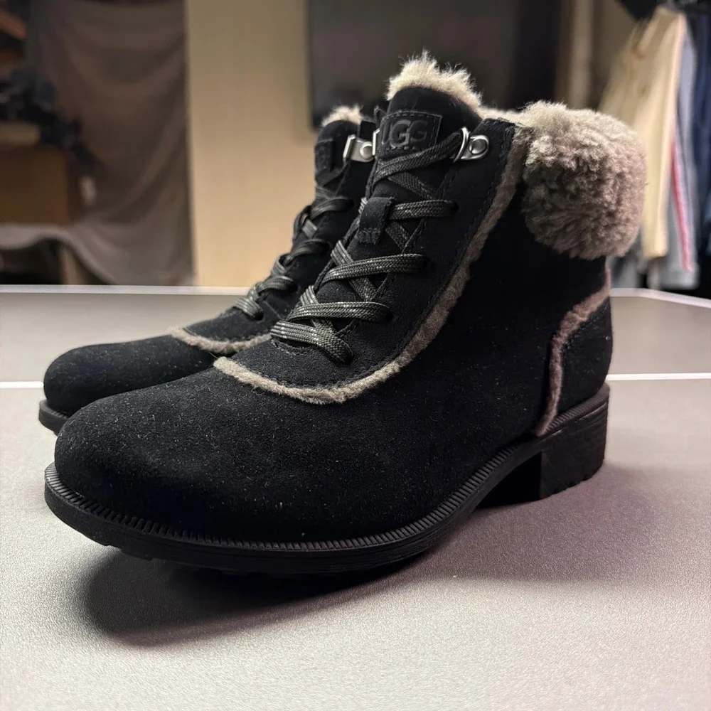 UGG Lakesider Heritage Mid Waterproof Boots Black Suede Sheepskin‎ 1121017